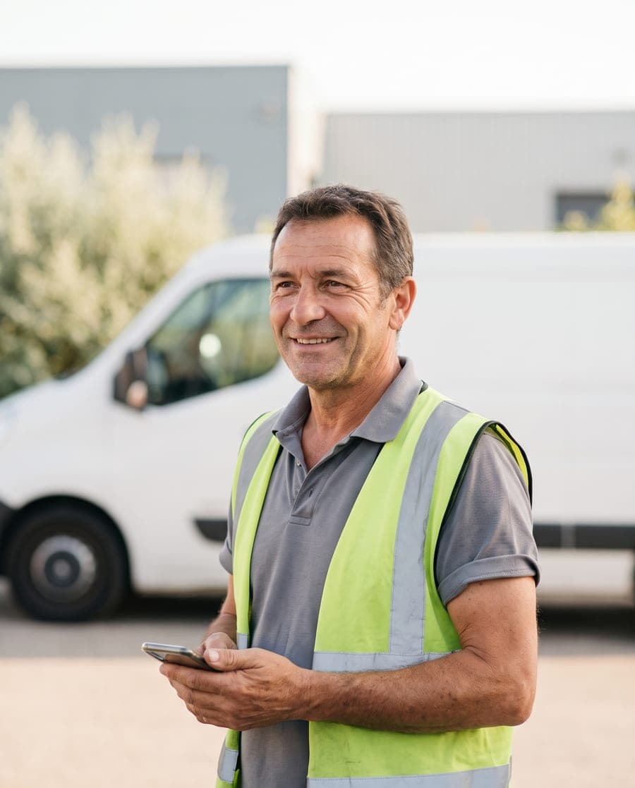 Un conducteur souriant devant sa fourgonnette, téléphone en main