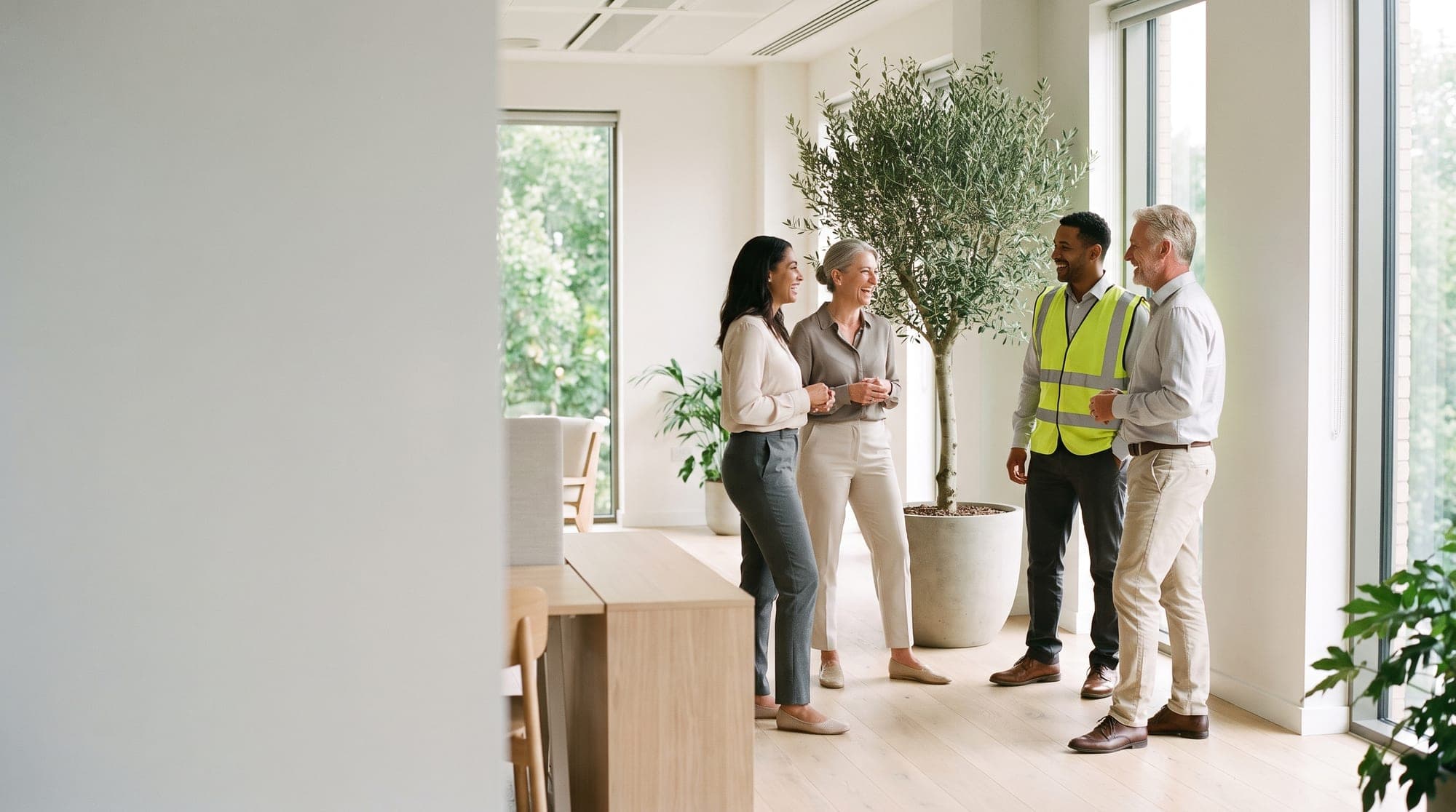 Une équipe discutant dans un bureau lumineux